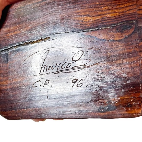 Vintage Hand Carved Pine? Wood Toothpick Holder Signed Marcos C.R. 96 - Picture 6 of 9